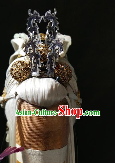 Handmade China Traditional Puppet Show Mo Qingchi Headdress Ancient Swordsman Hair Accessories Cosplay Taoist Priest White Wigs and Hair Crown
