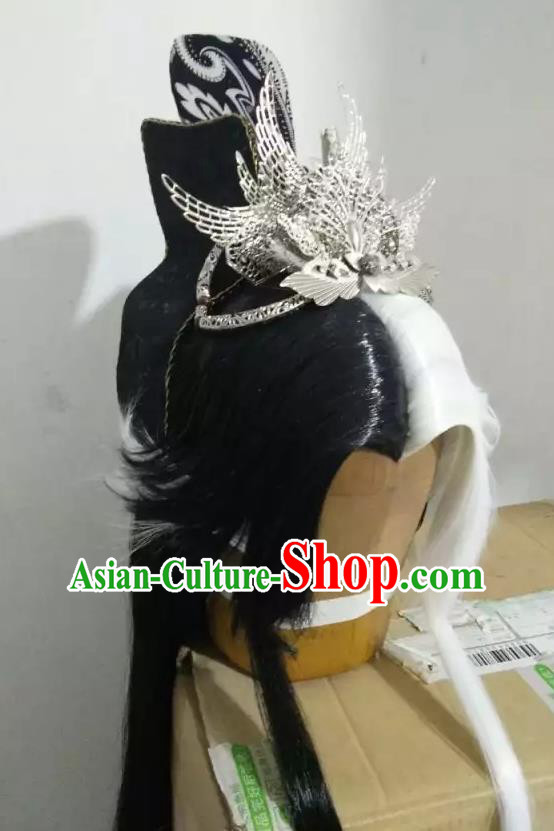 Handmade China Traditional Puppet Show Young Knight Headdress Ancient Swordsman Hairpieces Cosplay Hero Wigs and Hair Crown