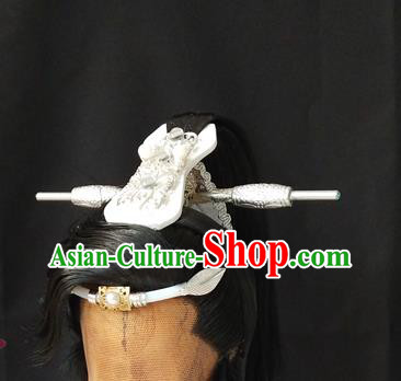 Handmade China Cosplay Young Hero Black Wigs and Hair Crown Traditional Puppet Show Shi Yanwen Headdress Ancient Swordsman Hair Accessories
