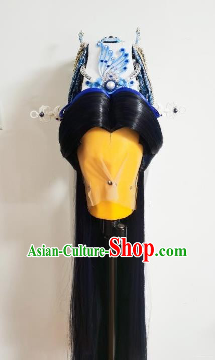 Handmade China Traditional Puppet Show King Headdress Ancient Emperor Hairpieces Cosplay Swordsman Monarch Wigs and Hair Crown