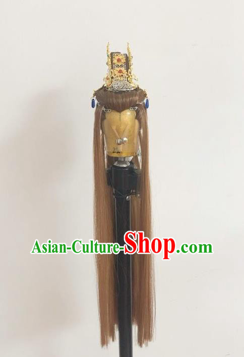 Handmade China Traditional Puppet Show Swordsman Jin Liuying Headdress Ancient Taoist Priest Hairpieces Cosplay Emperor Brown Wigs and Hair Crown