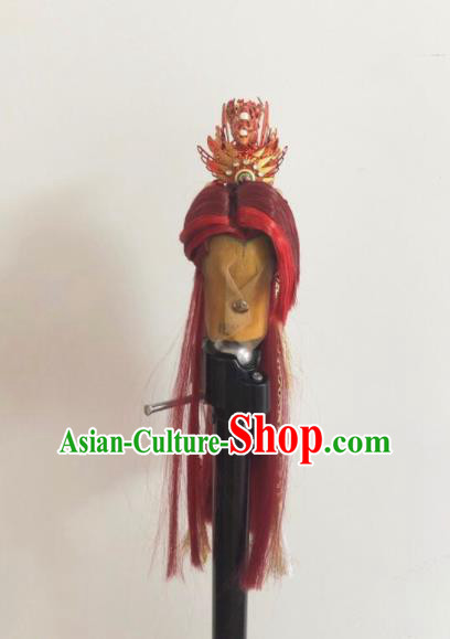 Handmade China Cosplay Swordsman Red Wigs and Hair Crown Traditional Puppet Show Royal Prince Headdress Ancient Young Childe Hairpieces