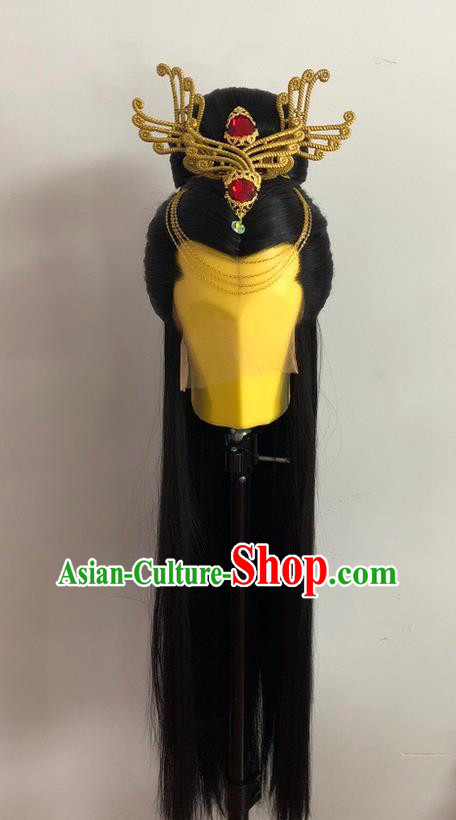Chinese Ancient Imperial Concubine Headdress Traditional Puppet Show Feng Cailing Hairpieces Cosplay Swordswoman Black Wigs and Hairpins