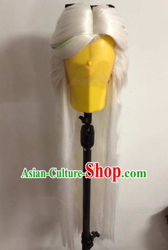 Chinese Traditional Puppet Show Murong Yanyu Hairpieces Cosplay Swordswoman White Wigs and Hairpins Ancient Fairy Princess Headdress