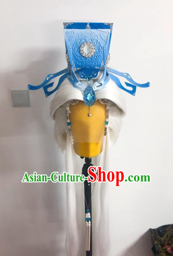 Handmade China Ancient Taoist Hairpieces Cosplay Swordsman White Wigs and Hair Crown Traditional Puppet Show Royal Prince Headdress