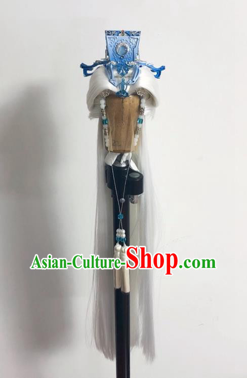 Handmade China Cosplay Swords Immortal White Wigs and Hair Crown Traditional Puppet Show Chivalrous Male Headdress Ancient Taoist Priest Hairpieces