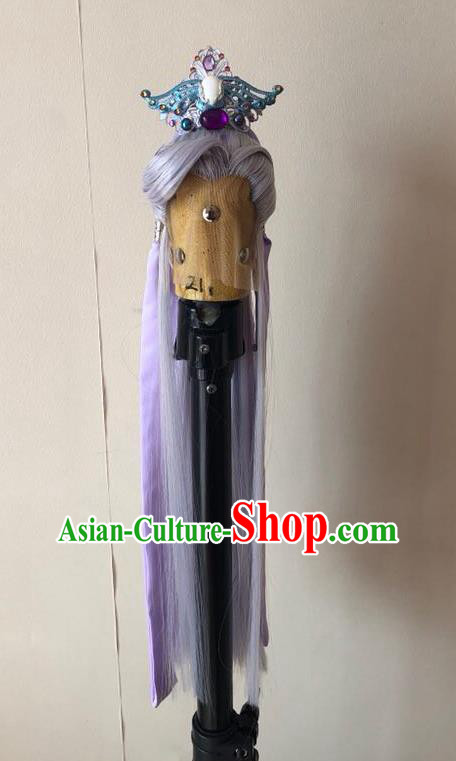 Handmade China Ancient Noble Childe Hairpieces Cosplay Swordsman Lilac Wigs and Hair Crown Traditional Puppet Show Prince Murong Ning Headdress