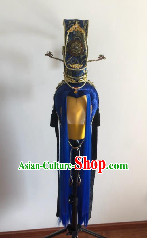 Handmade China Traditional Puppet Show Yue Jiaozi Hairpieces Ancient Swordsman Headdress Cosplay King Royalblue Wigs and Hair Crown
