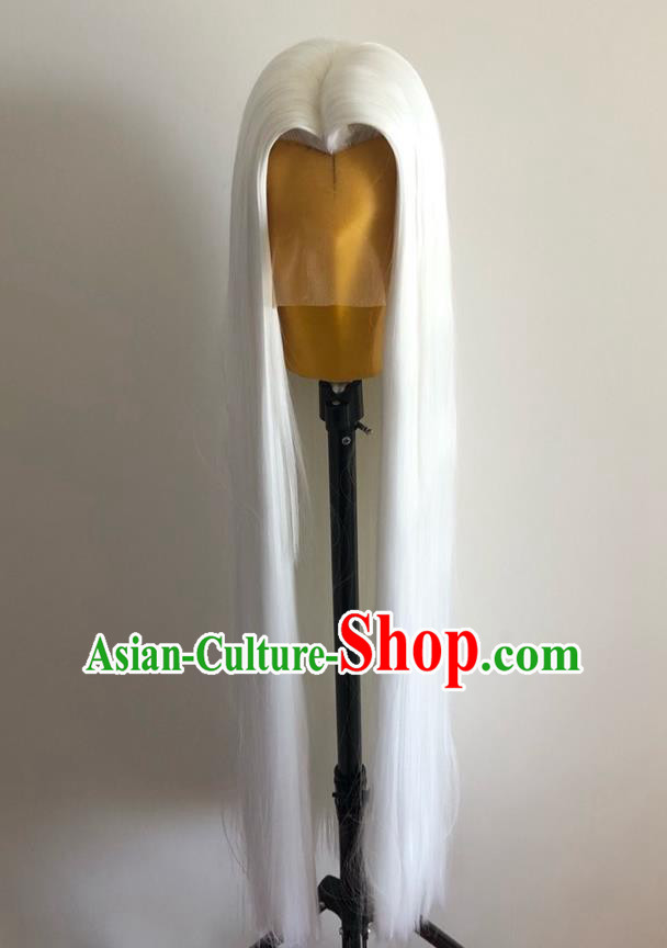 Handmade China Cosplay Heaven King White Wigs Traditional Puppet Show Taoist Hairpieces Ancient Swordsman Headdress