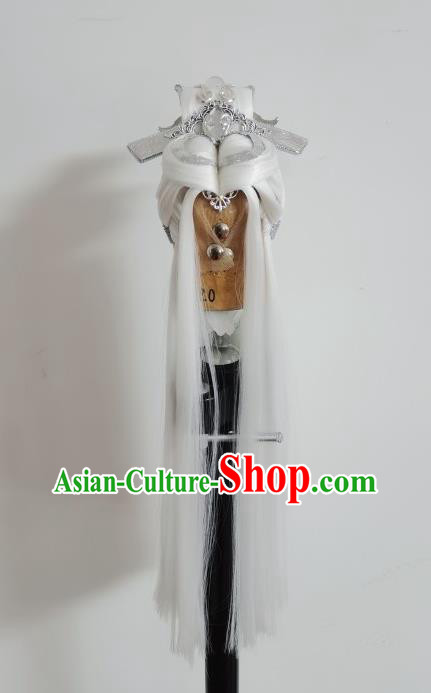 Handmade China Traditional Puppet Show Swordsman Headdress Ancient Elderly Immortal Hairpieces Cosplay Taoist Priest White Wigs and Hair Crown