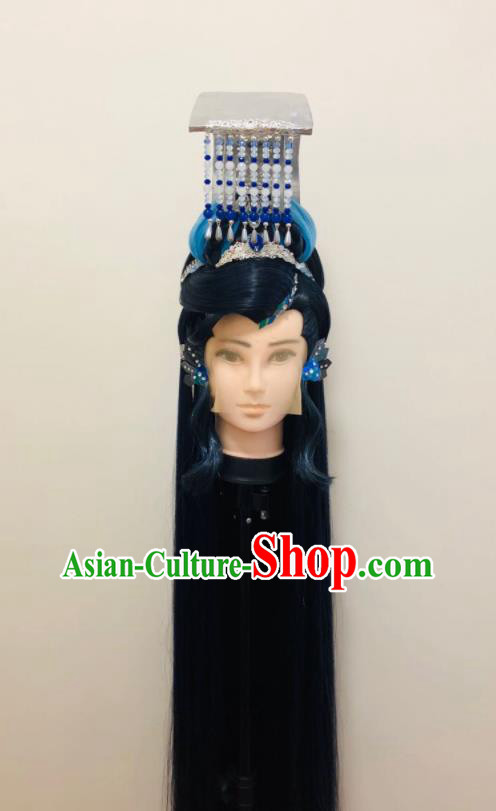 Handmade China Traditional Puppet Show Ao Qiansui Hairpieces Ancient Swordsman Headdress Cosplay Dragon King Wigs and Hair Crown