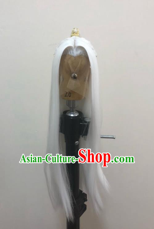 Handmade China Traditional Puppet Show Swordsman Hairpieces Ancient Elderly Knight Headdress Cosplay Chivalrous Male White Wigs and Hair Crown