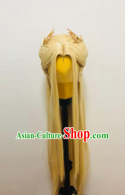 Chinese Traditional Puppet Show Hair Accessories Cosplay Moon Goddess Golden Wigs and Hair Crown Hairpieces Ancient Swordswoman Headdress