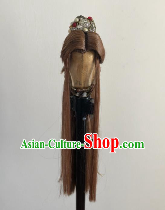 Handmade China Traditional Puppet Show Feng Xiaoyao Headdress Ancient Swordsman Hairpieces Cosplay Chivalrous Male Brown Wigs and Hair Crown