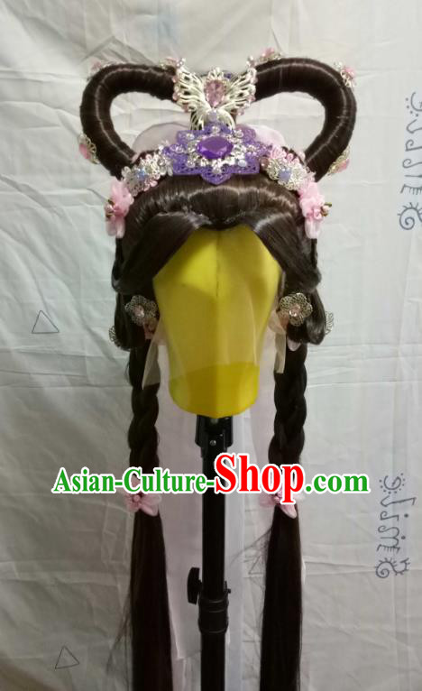 Chinese Traditional Puppet Show Swordswoman Yu Qinghuan Hair Accessories Cosplay Fairy Brown Wigs Chignon and Hairpieces Ancient Young Beauty Headdress