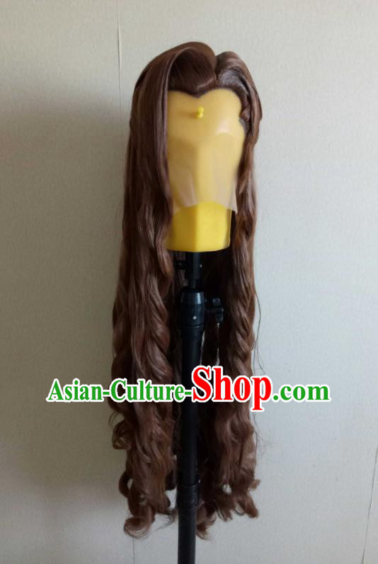 Handmade China Traditional Puppet Show Demon Prince Hairpieces Ancient Swordsman Headdress Cosplay Chivalrous Knight Brown Curly Wigs