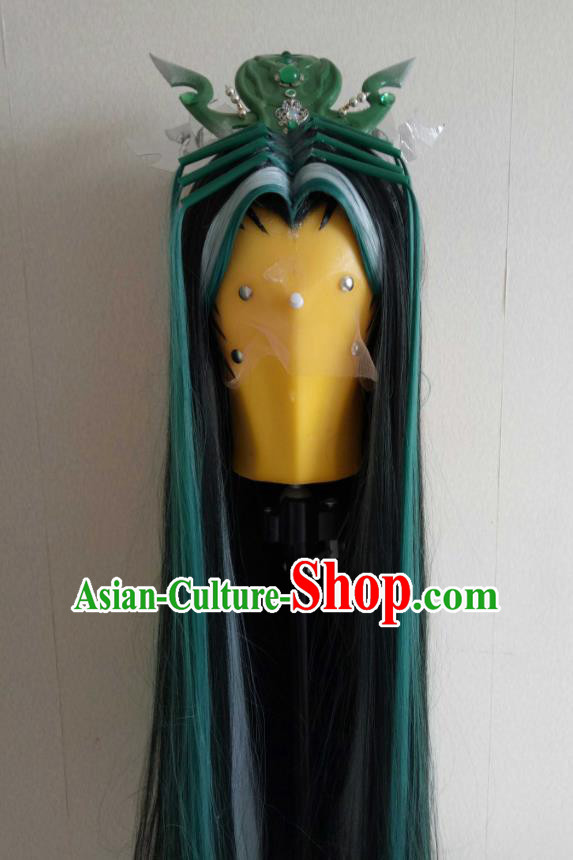 Handmade China Cosplay Dragon Prince Green Curly Wigs and Hair Crown Traditional Puppet Show Hairpieces Ancient Young Swordsman Headdress