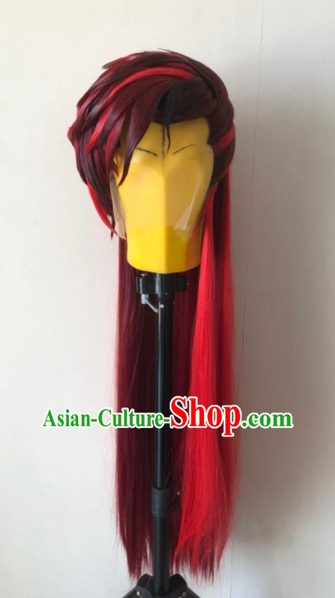 Handmade China Cosplay Young Knight Red Wigs Traditional Puppet Show Wang Shier Hairpieces Ancient Chivalrous Swordsman Headdress