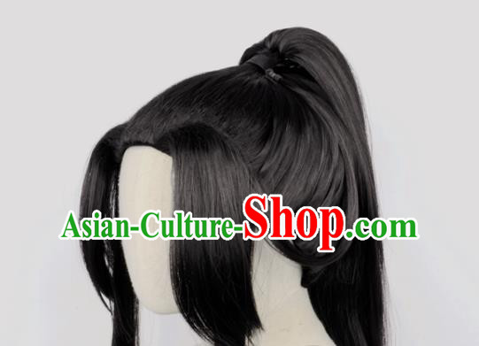 Handmade China Cosplay Young Knight Black Ponytsil Wigs Traditional Qin Dynasty Young Man Hairpieces Ancient Swordsman Headdress
