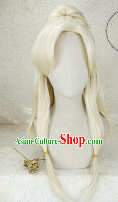 Chinese Cosplay Female Knight Hair Accessories Ancient Young Lady Light Golden Wigs Headwear Traditional Swordswoman Hairpieces