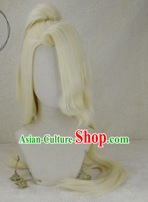 Chinese Traditional Swordswoman Curly Hairpieces Cosplay Female Knight Hair Accessories Ancient Young Lady Light Golden Wigs Headwear