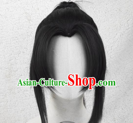Handmade China Traditional Qin Dynasty Young Male Hairpieces Ancient Swordsman Headdress Cosplay Chivalrous Knight Black Wigs