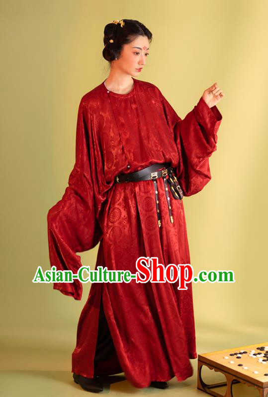 China Ancient Woman Hanfu Dress Traditional Tang Dynasty Red Round Collar Robe Uniforms Swordsman Historical Clothing