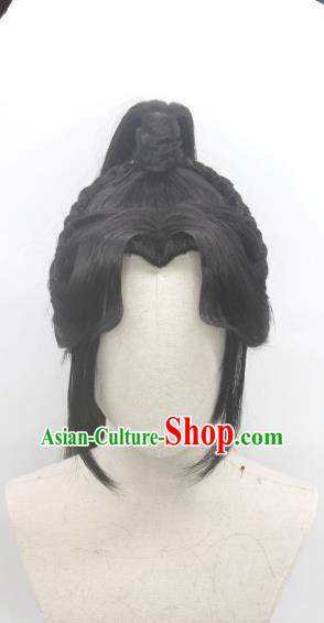 Handmade China Cosplay Qin Dynasty Young Knight Wigs Traditional Hanfu Warrior Hairpieces Ancient Swordsman Headdress