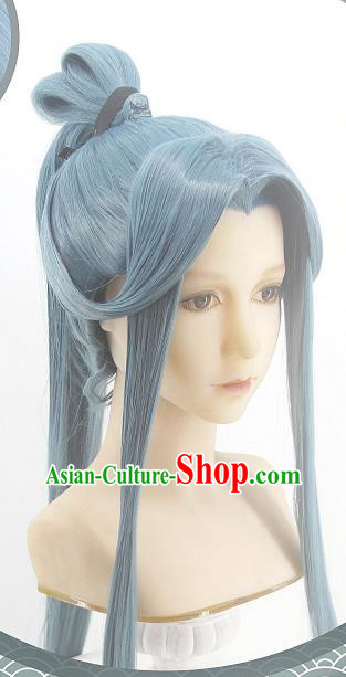 Handmade China Cosplay Swordsman Blue Wigs Traditional Heaven Official Blessing Hairpieces Ancient Hanfu Young Knight Headdress