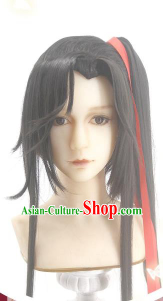 Handmade China Ancient Hanfu Young Knight Headdress Cosplay Swordsman Blue Wigs Traditional Heaven Official Blessing Hua Cheng Hairpieces