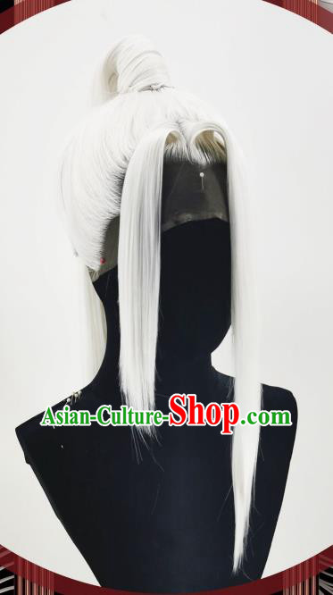 Handmade China Traditional Honor of Kings Han Xin Hairpieces Ancient Young Hero Headdress Cosplay Swordsman White Wigs