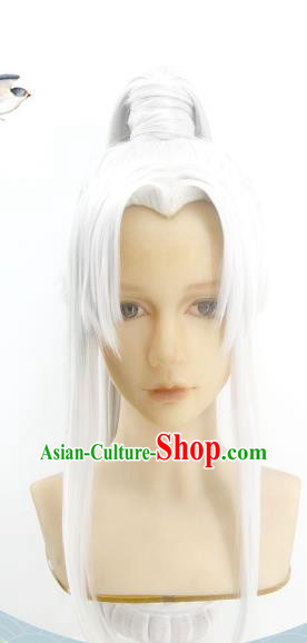 Handmade China Cosplay Demon King White Wigs Traditional Hanfu Swordsman Zhu Yeli Hairpieces Ancient Taoist Priest Headdress