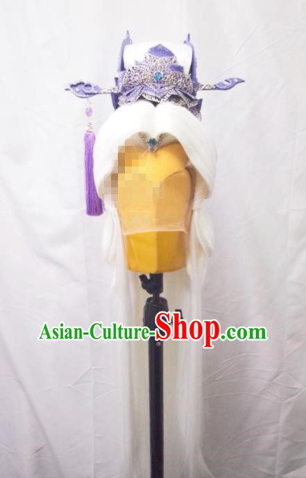 Handmade China Traditional Puppet Show Su Huanzhen Hairpieces Ancient Swordsman Headdress Cosplay Taoist Priest White Wigs and Hair Crown