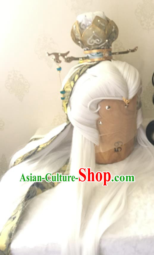 Handmade China Ancient Taoist Headdress Cosplay Swordsman White Wigs and Lotus Hair Crown Traditional Puppet Show Hairpieces