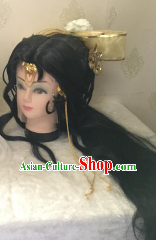 Chinese Ancient Goddess Wigs Headwear Traditional Puppet Show Feng Cailing Hairpieces Cosplay Fairy Princess Hair Accessories