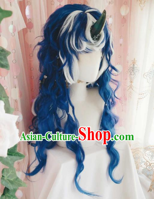 Handmade China Traditional Puppet Show Hairpieces Ancient Swordsman Headdress Cosplay Dragon Prince Blue Wigs