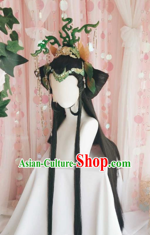 Chinese Cosplay Goddess Queen Hair Accessories Ancient Empress Wigs and Hair Crown Headwear Traditional Puppet Show Swordswoman Hairpieces