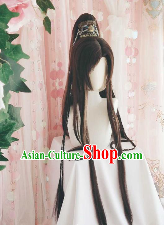 Handmade China Ancient Swordsman Headdress Cosplay Noble Childe Brown Wigs and Hair Crown Traditional Puppet Show Feng Xiaoyao Hairpieces