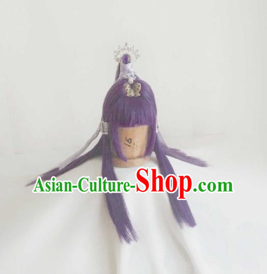 Chinese Traditional Puppet Show Feng Die Hairpieces Cosplay Magic Princess Hair Accessories Ancient Fairy Purple Wigs Headwear