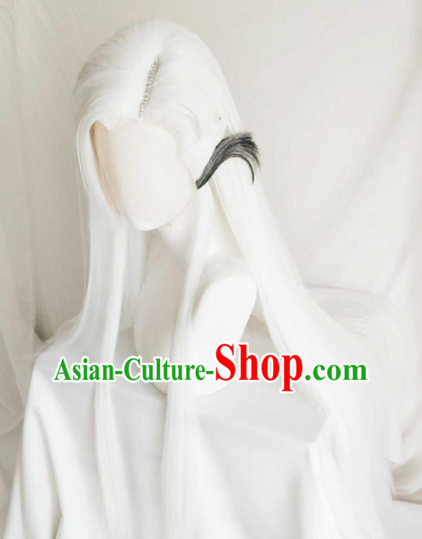 Handmade China Traditional Puppet Show Hero Hairpieces Ancient Chivalrous Male Headdress Cosplay Swordsman Grandmaster White Wigs