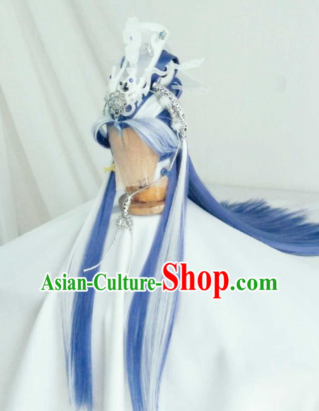 Handmade China Cosplay Swordsman Blue Wigs and Hair Crown Traditional Puppet Show Monarch Hairpieces Ancient Royal King Headdress
