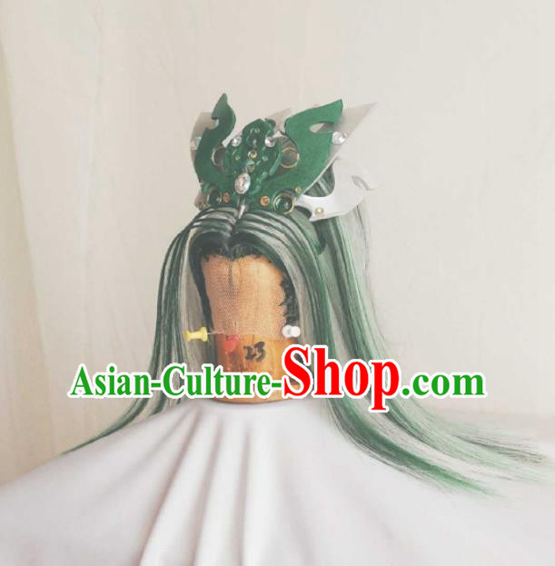 Handmade China Traditional Puppet Show Prince Hairpieces Ancient Royal King Headdress Cosplay Swordsman Green Wigs and Hair Crown