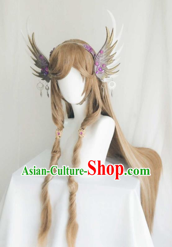 Chinese Traditional Puppet Show Fairy Princess Hairpins Hairpieces Cosplay Swordswoman Hair Accessories Ancient Young Lady Brown Wigs Headwear