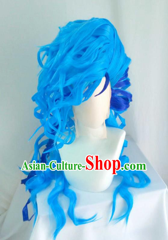 Handmade China Traditional Puppet Show Dragon Prince Hairpieces Ancient Childe Headdress Cosplay Swordsman Blue Curly Wigs