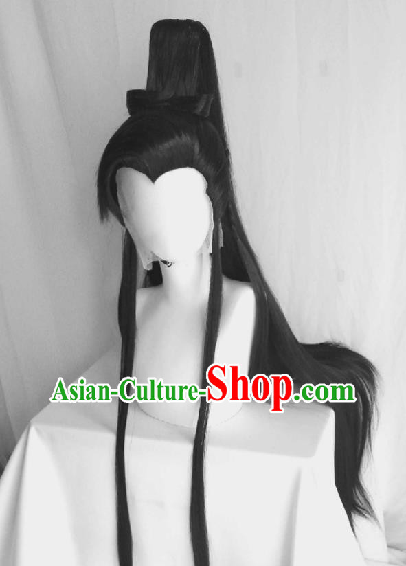 Handmade China Cosplay Swordsman Black Ponytsil Wigs Traditional Puppet Show Shi Yanwen Hairpieces Ancient Young Hero Headdress