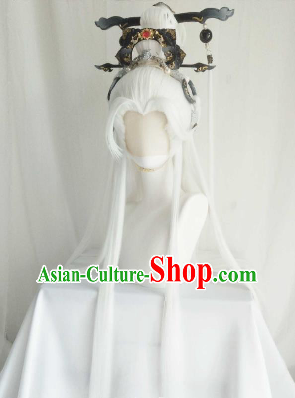 Handmade China Traditional Puppet Show Immortal Jun Fengtian Hairpieces Ancient Taoist Headdress Cosplay Swordsman White Wigs and Hair Crown