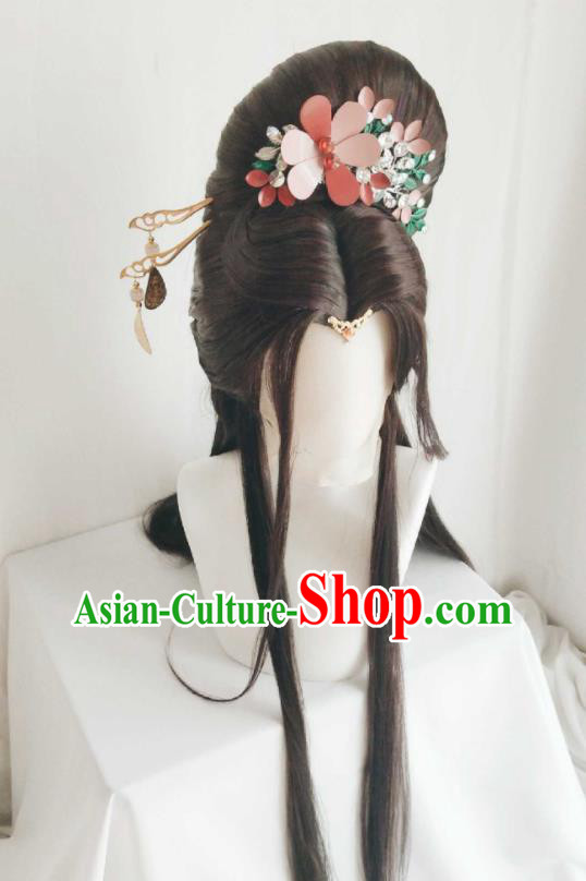 Chinese Ancient Court Beauty Brown Wigs Headwear Traditional Puppet Show Li Jianshi Hairpieces Cosplay Goddess Queen Hair Accessories