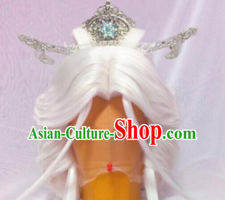 Handmade China Cosplay Immortal White Wigs and Hair Crown Traditional Puppet Show Su Huanzhen Hairpieces Ancient Taoist Priest Headdress