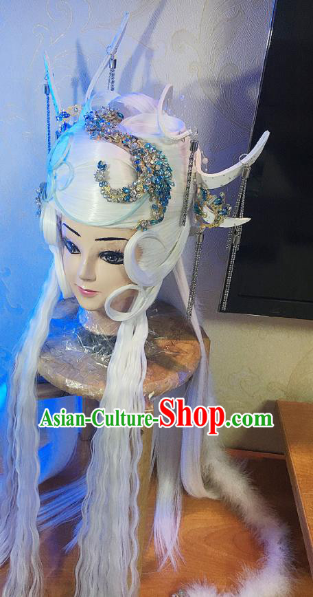 Chinese Traditional Puppet Show Jun Haitang Hairpieces Cosplay Goddess Hair Accessories Ancient Dragon Queen White Wigs and Hair Crown Headwear