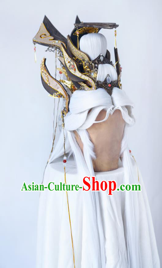 Handmade China Ancient Immortal Headdress Cosplay Swordsman White Wigs and Hair Crown Traditional Puppet Show Taoist Master Hairpieces